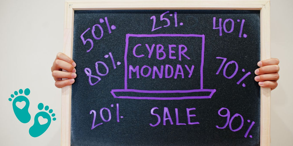 Cyber Monday sale sign with various discount percentages, promoting Grookz Shoes as the ultimate destination for baby shoes this Black Friday and Cyber Monday