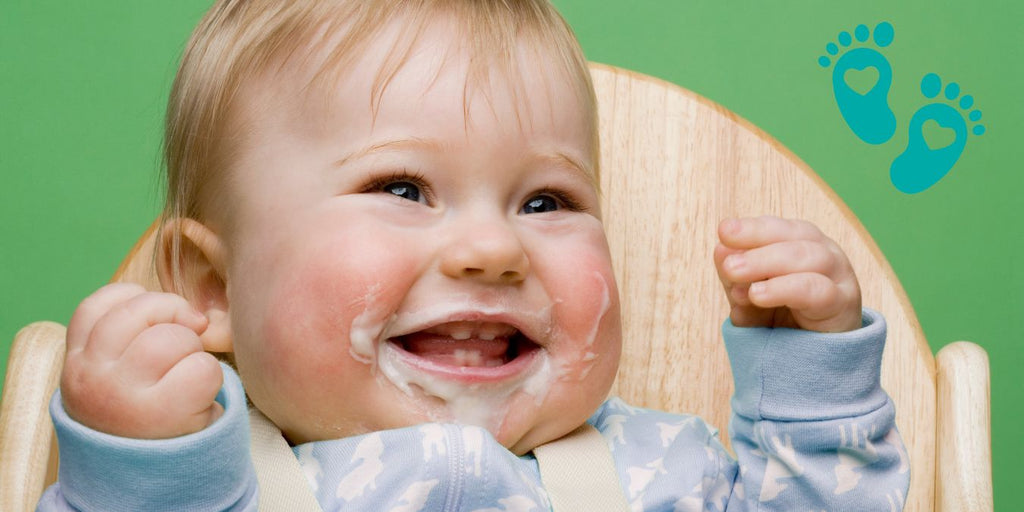 Happy baby with food on their face, showcasing the benefits of sock shoes for babies and toddlers, highlighting Grookz as the next big thing in footwear