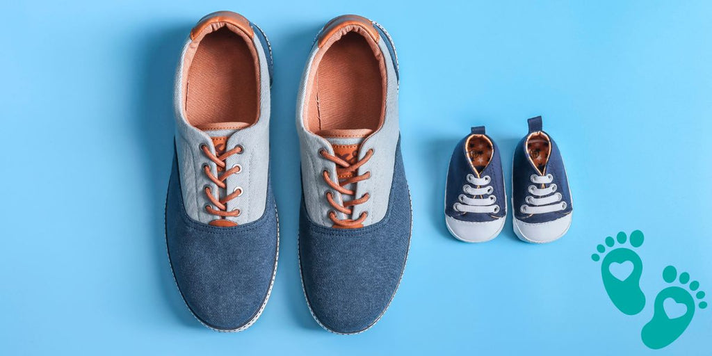 Adult shoes placed next to baby shoes on a light blue background, exploring the softness and safety of Grookz baby sock shoes with rubber soles